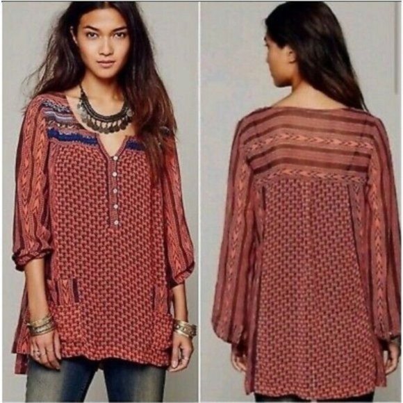 Free People Tops - Free People Boho Feather In The Wind Tunic Shirt Top Blouse Sheer Beaded, L